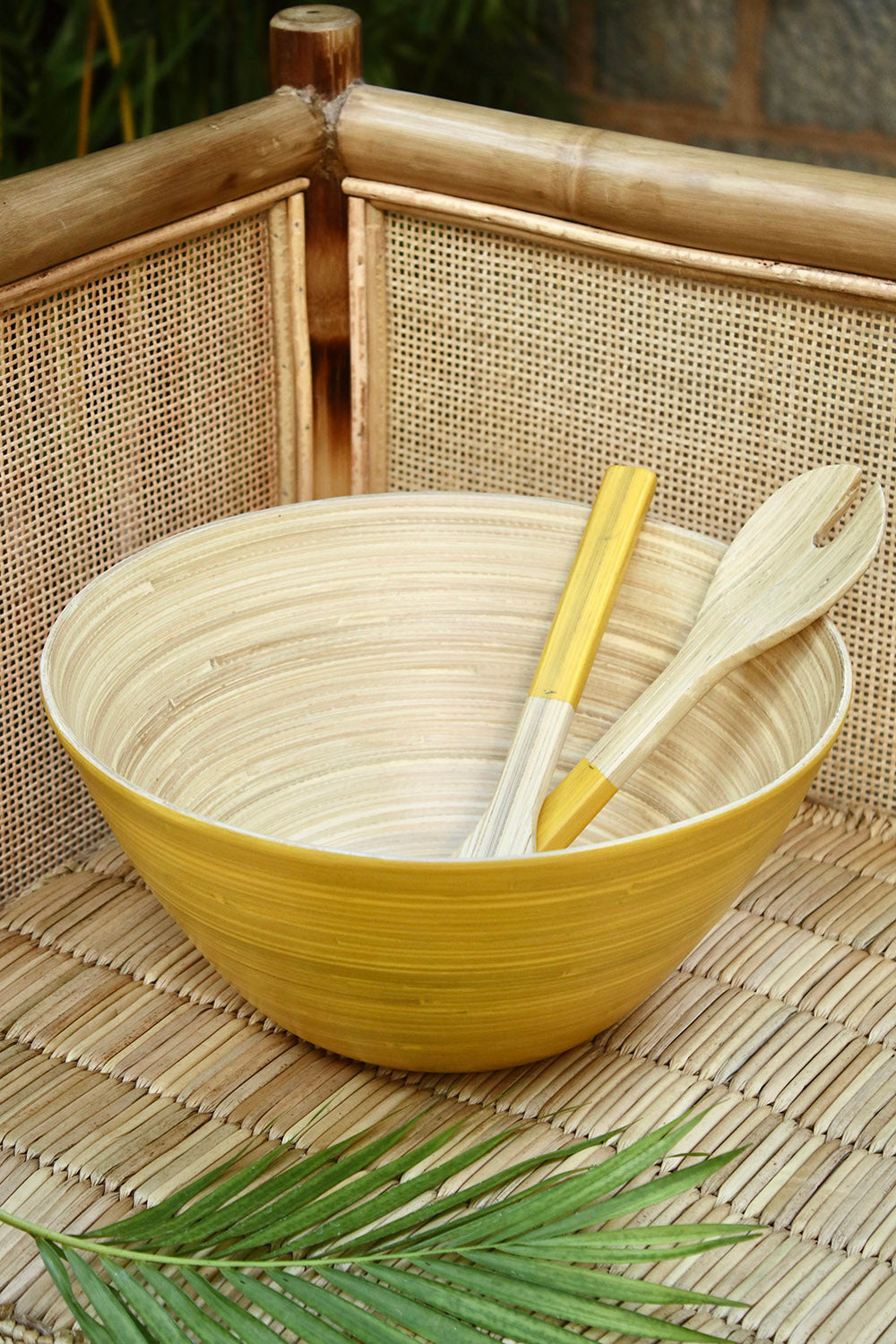 Bamboo Tall Bowl in Yellow with Yellow Salad Server Set