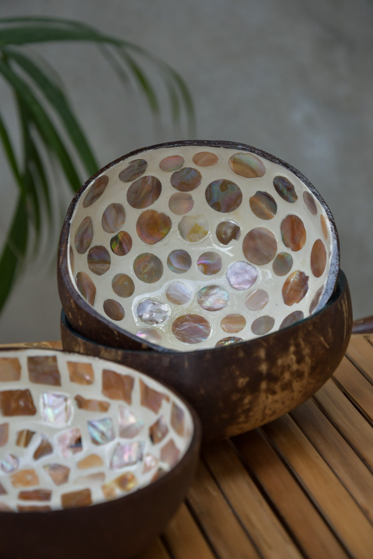 Coconut Bowls With Mother Of Pearl Inlay - Set Of 3