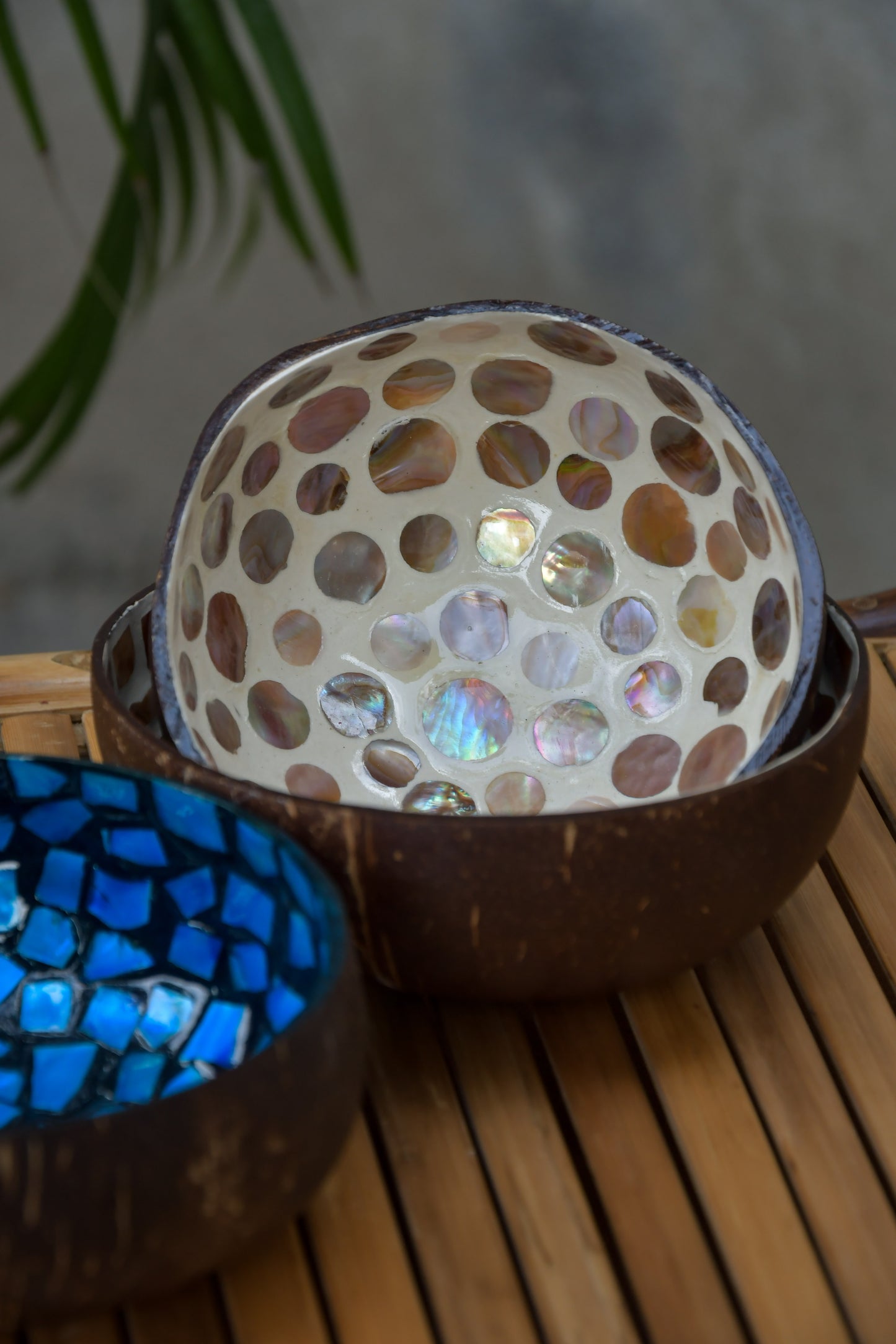 Coconut Bowls With Mother Of Pearl Inlay - Set Of 3