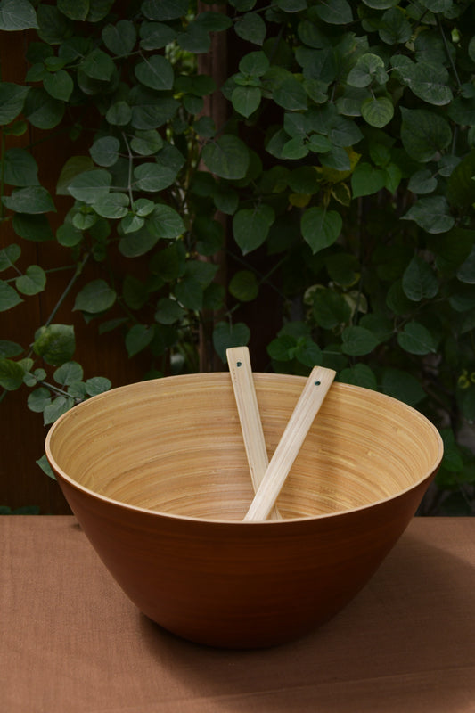 Bamboo Tall Bowl in Brown with Natural Salad Server Set