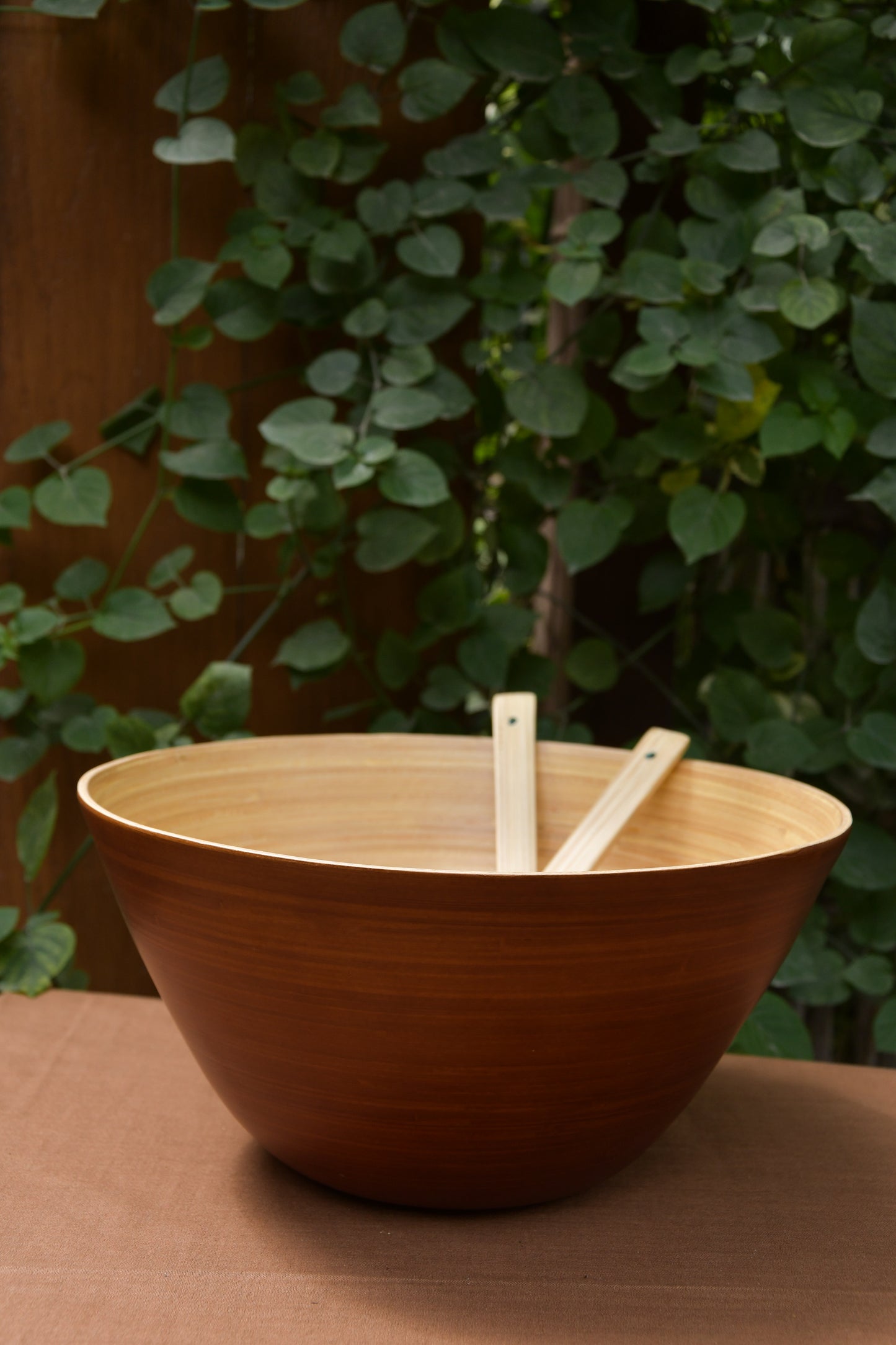 Bamboo Tall Bowl in Brown with Natural Salad Server Set