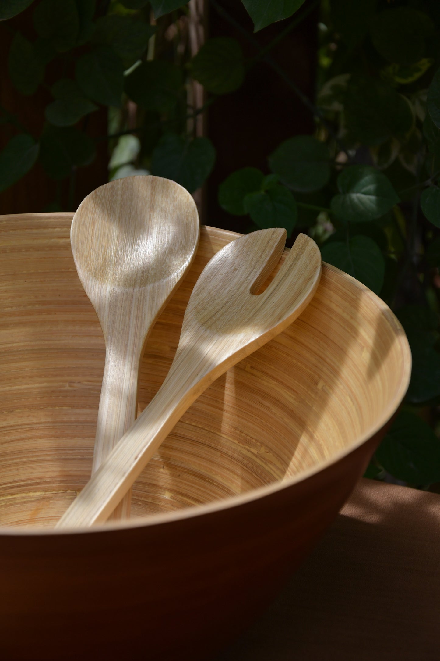 Bamboo Tall Bowl in Brown with Natural Salad Server Set