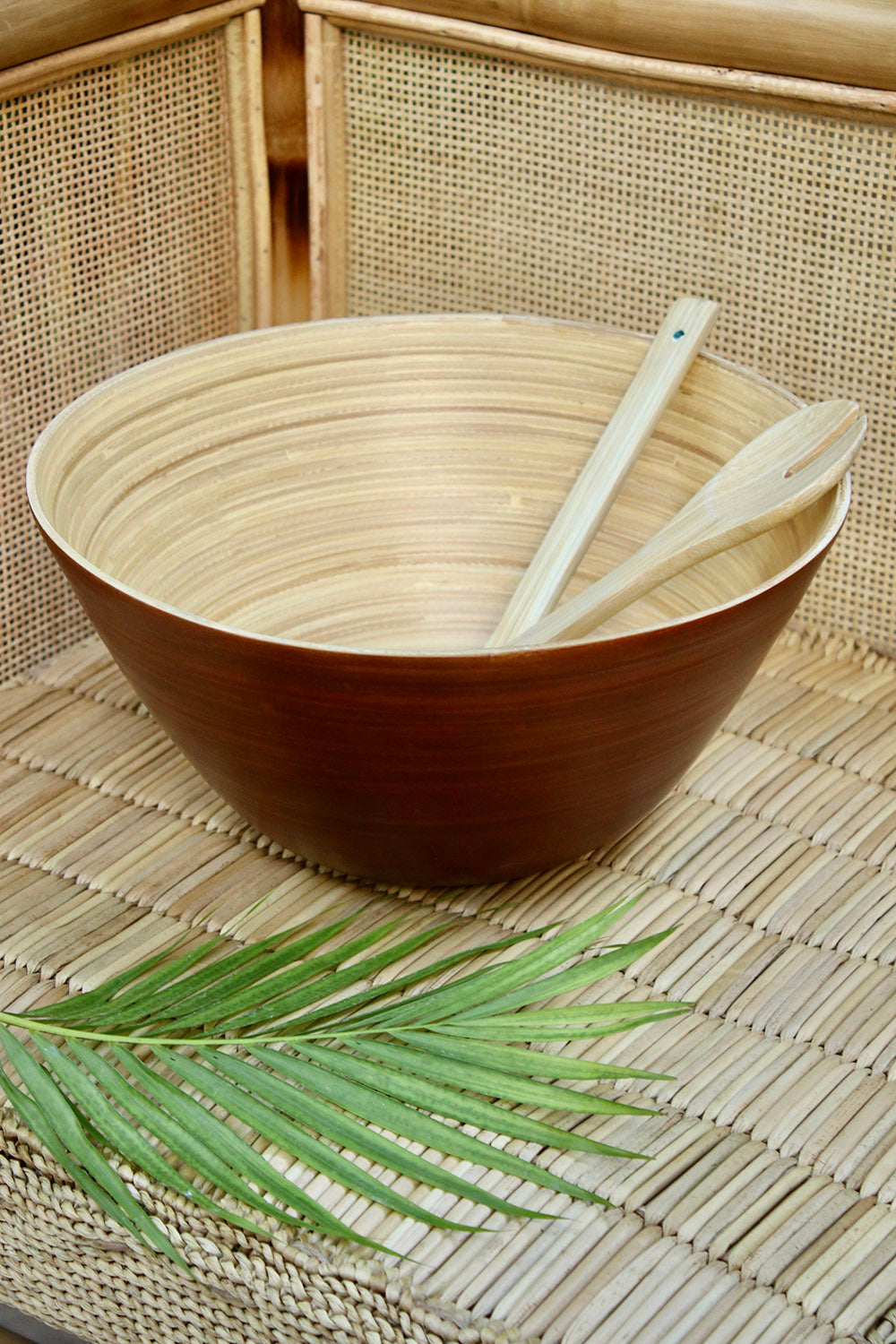 Bamboo Tall Bowl in Brown with Natural Salad Server Set