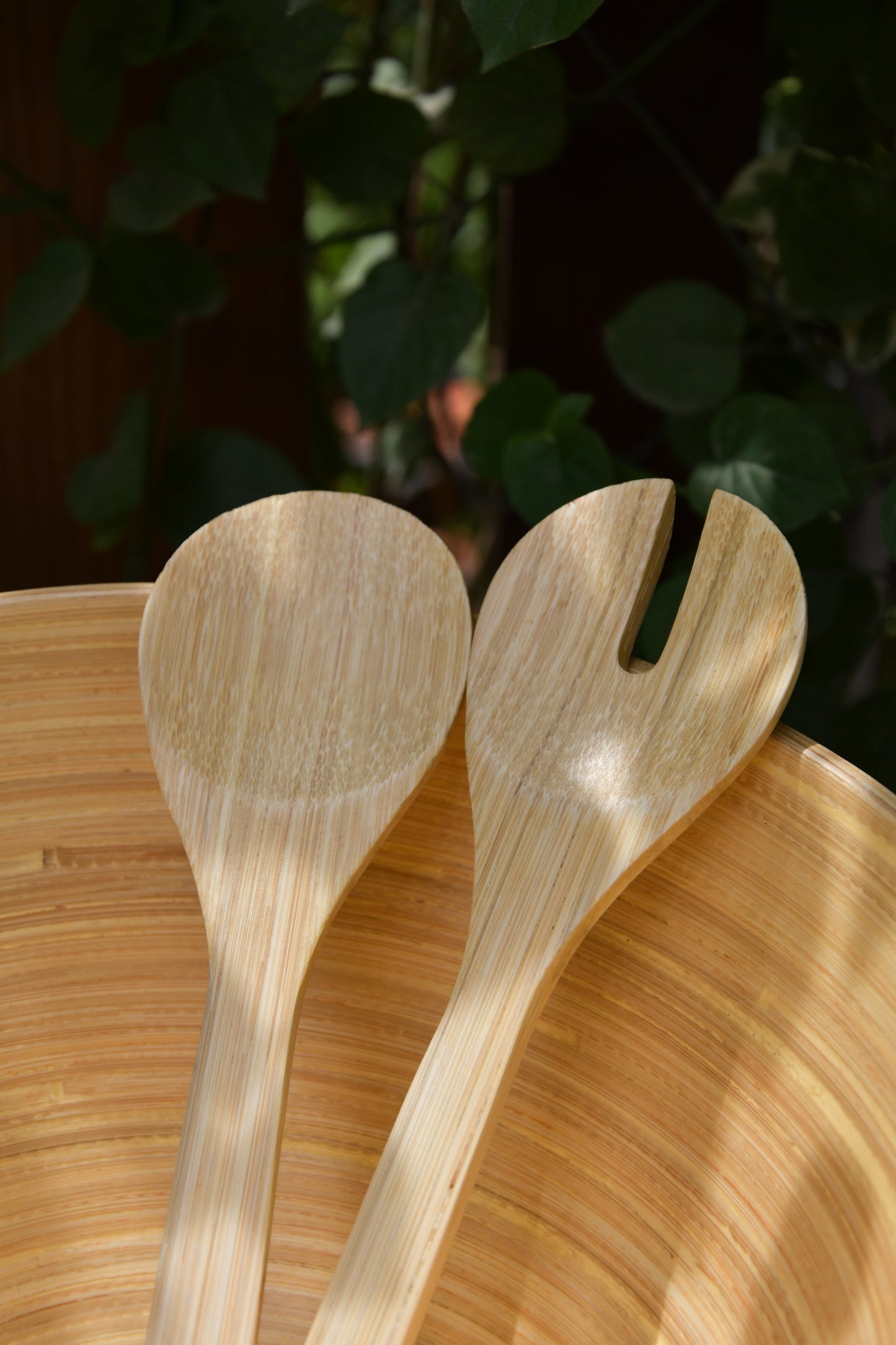 Bamboo Tall Bowl in Brown with Natural Salad Server Set