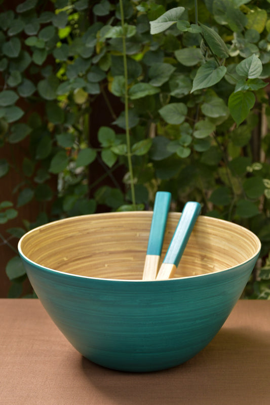 Bamboo Tall Bowl in Turquoise with Turquoise Salad Server Set