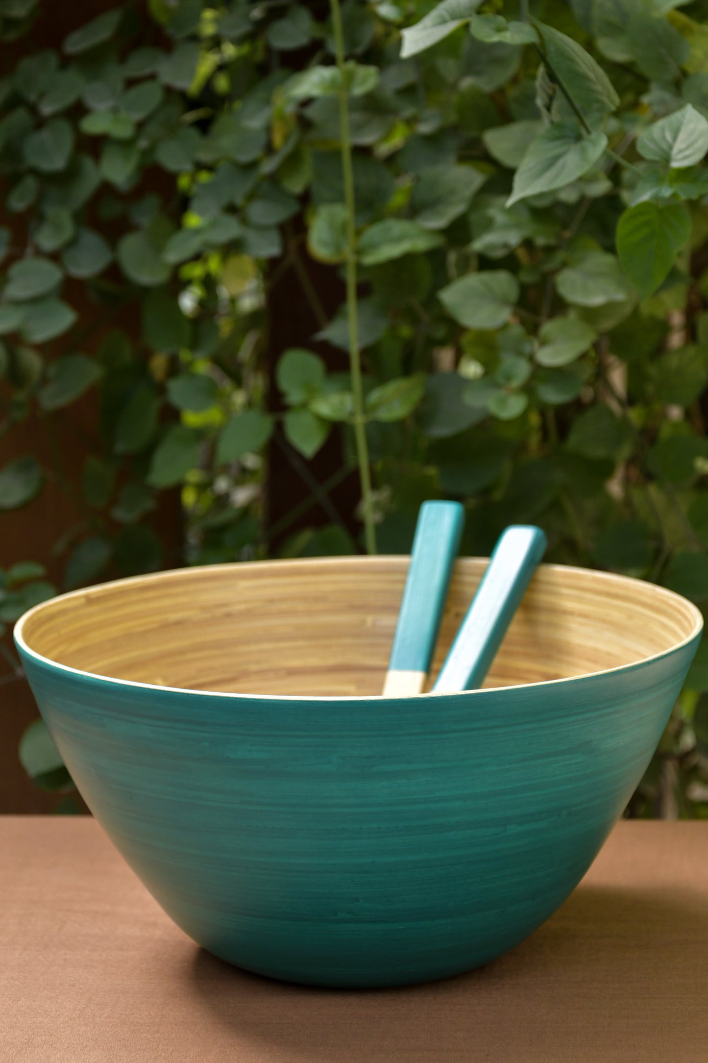 Bamboo Tall Bowl in Turquoise with Turquoise Salad Server Set