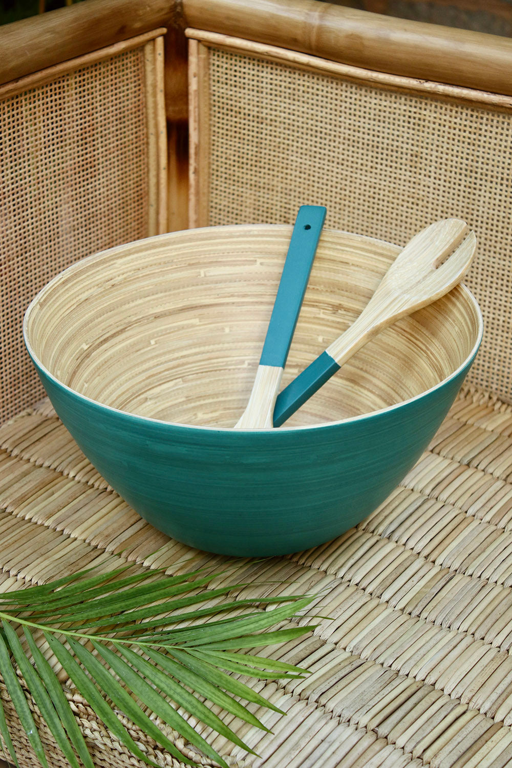 Bamboo Tall Bowl in Turquoise with Turquoise Salad Server Set