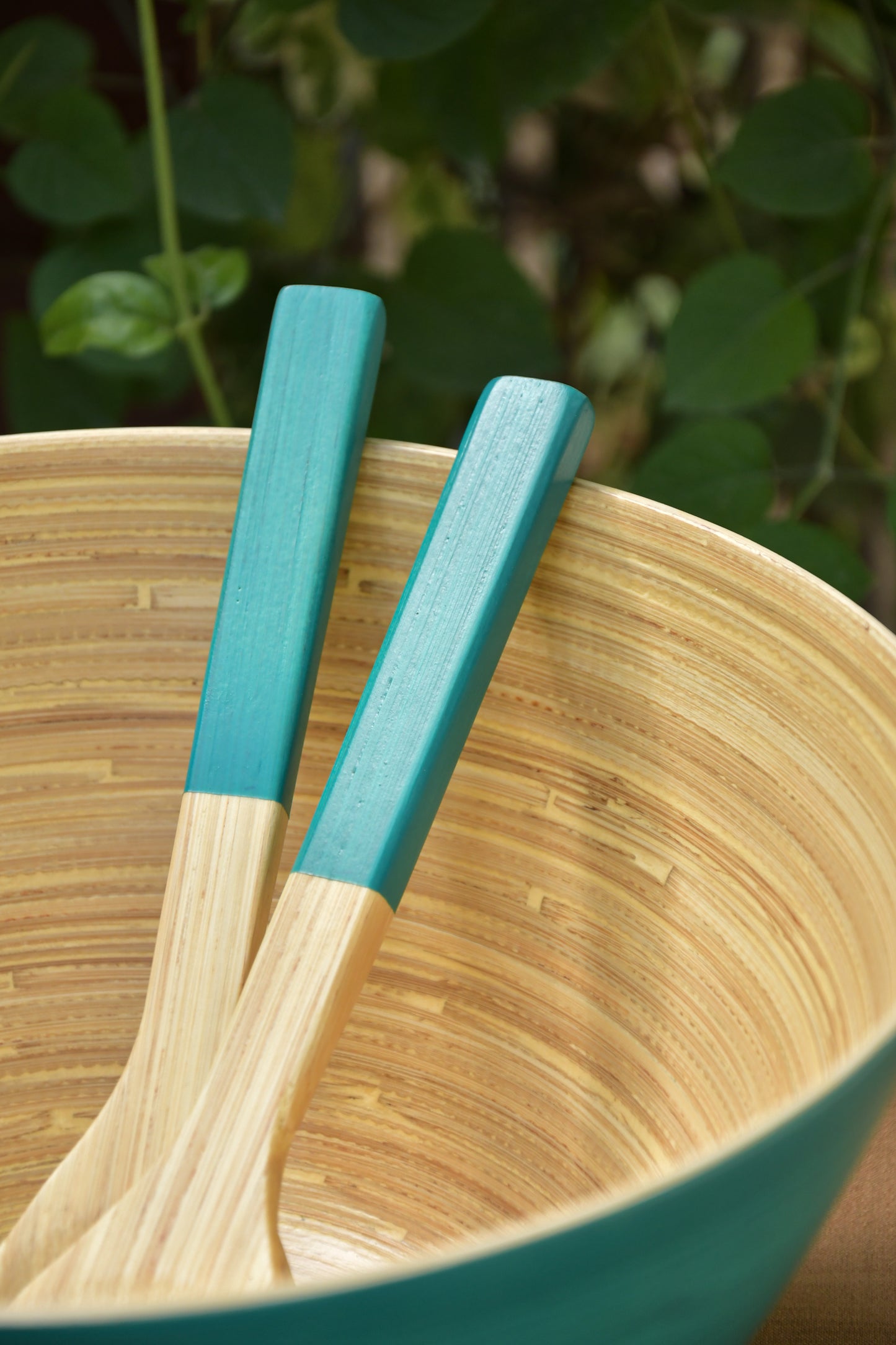 Bamboo Tall Bowl in Turquoise with Turquoise Salad Server Set