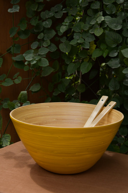 Bamboo Tall Bowl in Yellow with Yellow Salad Server Set