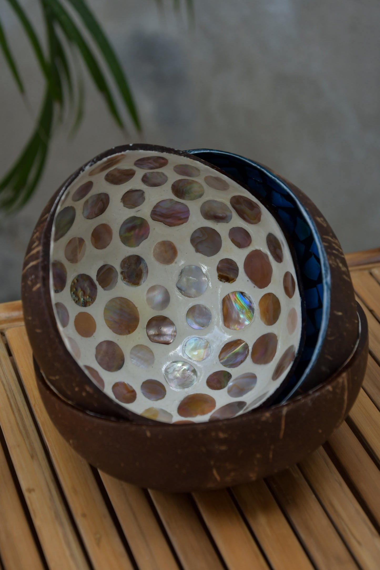 Coconut Bowls With Mother Of Pearl Inlay - Set Of 3