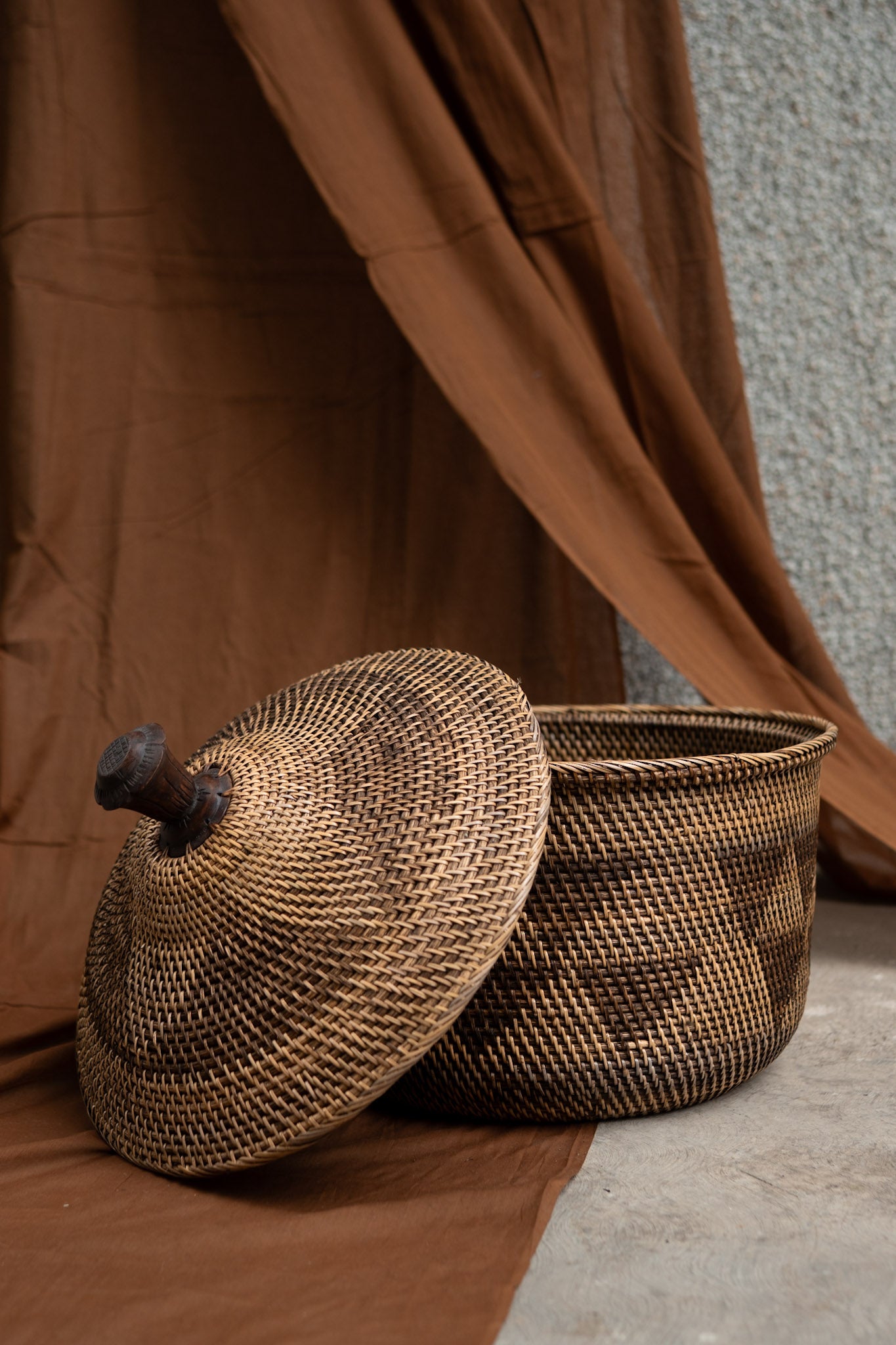 Midori Cane Short Basket with Lid