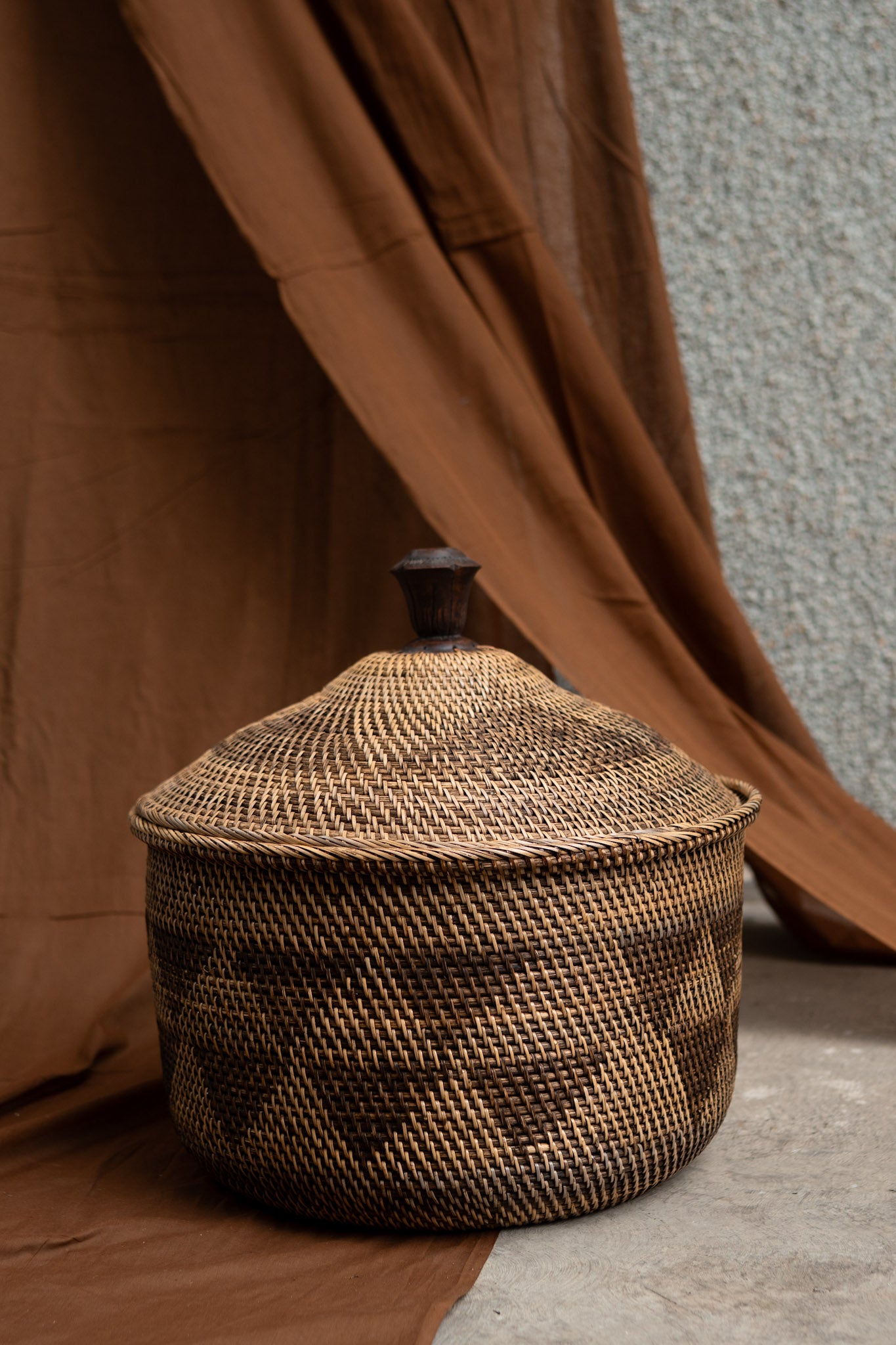 Midori Cane Short Basket with Lid