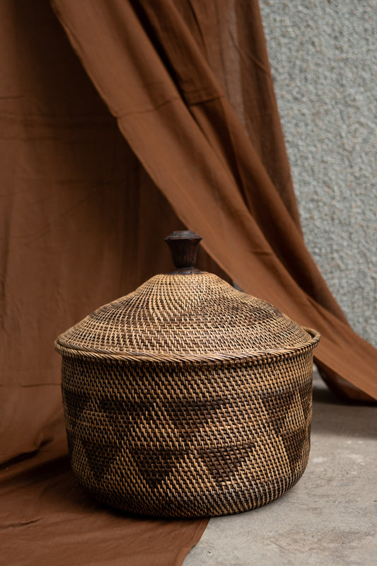 Midori Cane Short Basket with Lid