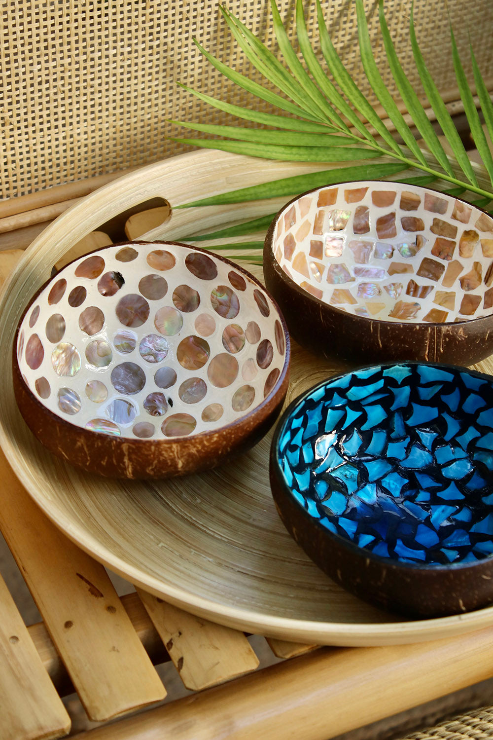 Coconut Bowls With Mother Of Pearl Inlay - Set Of 3